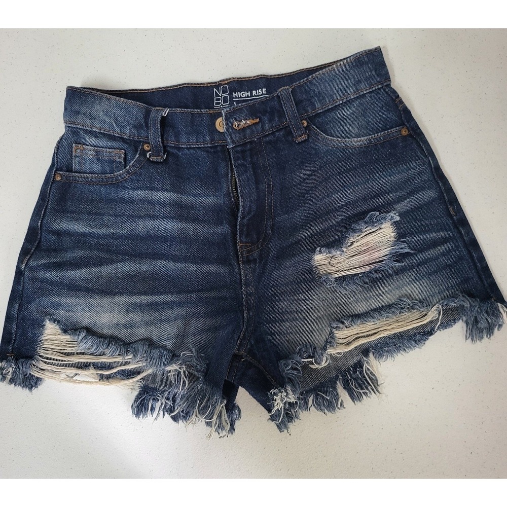 No Boundaries High Rise Distressed Denim Shorts Dark Wash Frayed Hem Size 0 - Picture 2 of 6